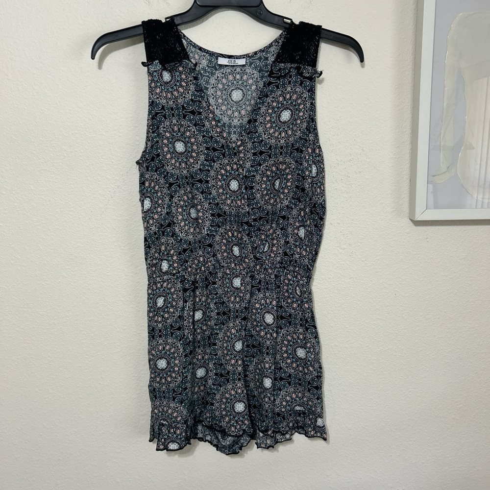 Joe B Boho Paisley Romper Ruffle Lace Trim Sleeveless Teal Pink Rayon Festival